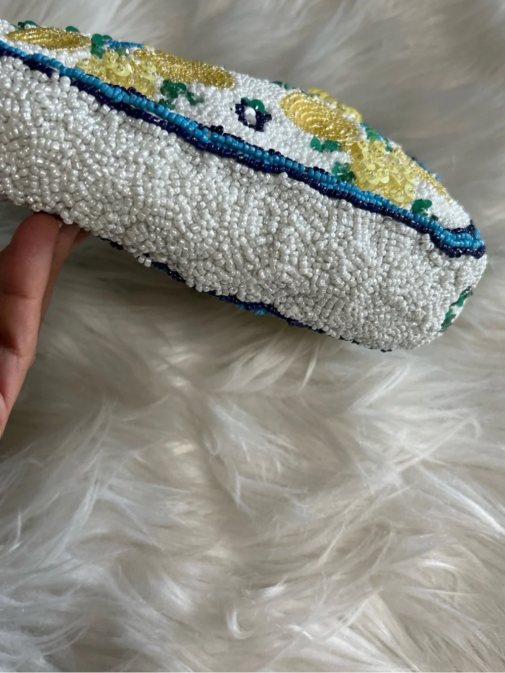 Beaded Lemon Motif Clutch in White and Yellow
